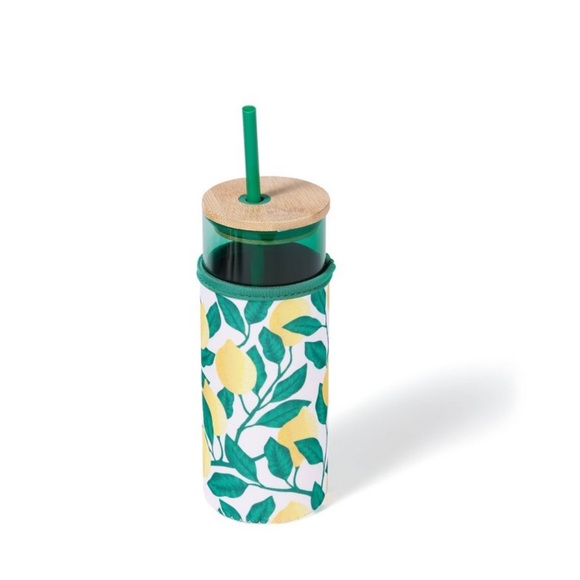VIVITAR NWT iced glass coffee cup w/ bamboo lid -green/lemon -16.91oz - Picture 1 of 11